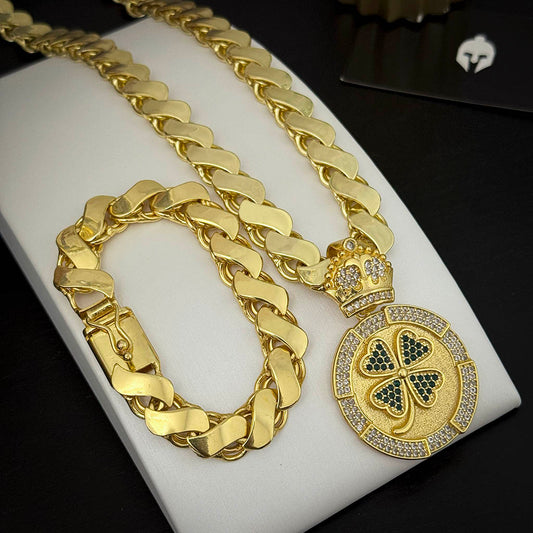 Kit Corrente e Pulseira Friso S 13mm e Pingente Trevo Banhado a Ouro 18K
