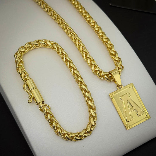 Kit Corrente e Pulseira Peruana 7mm e Pingente Letra Banhado a Ouro 18K