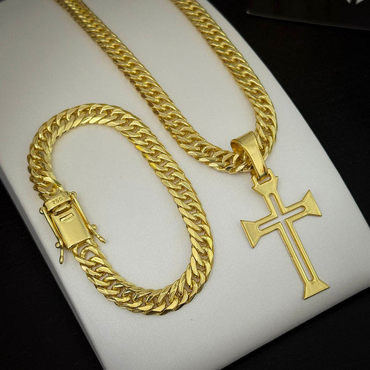 Kit Corrente e Pulseira Grumet 7mm e Pingente Cruz Ponta Banhado a Ouro 18K