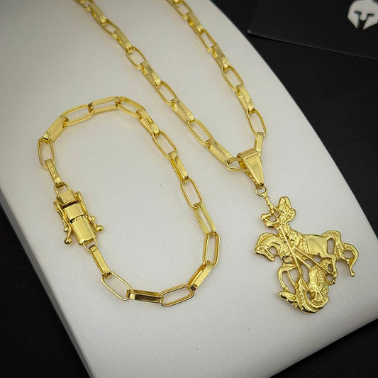 Kit Corrente e Pulseira Elo Alongado 5mm e Pingente São Jorge Banhado a Ouro 18K