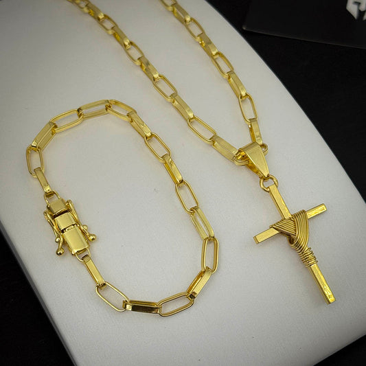 Kit Corrente e Pulseira Elo Alongado 5mm e Pingente Cruz Amarrada Banhado a Ouro 18K