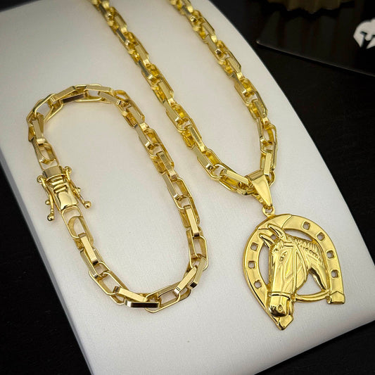 Kit Corrente e Pulseira Meia Cana Dupla 6mm e Pingente Cavalo Banhado a Ouro 18K