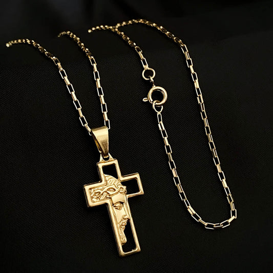 Corrente Tijolinho 1mm e Pingente Cruz Rosto de Cristo Banhado a Ouro 18K