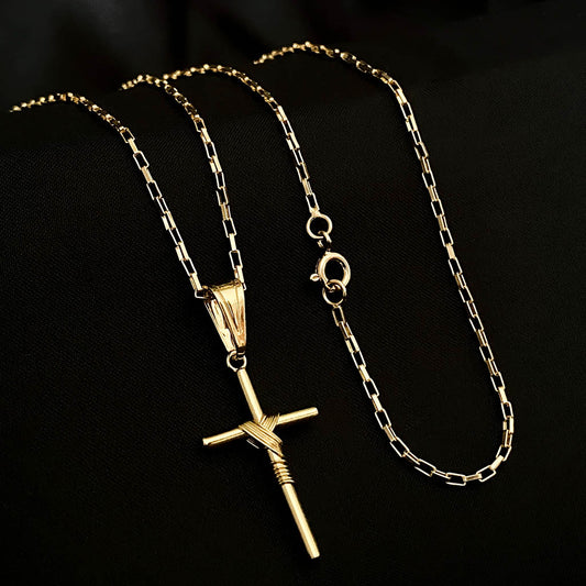 Corrente Tijolinho 1mm e Pingente Cruz Palito Banhado a Ouro 18K