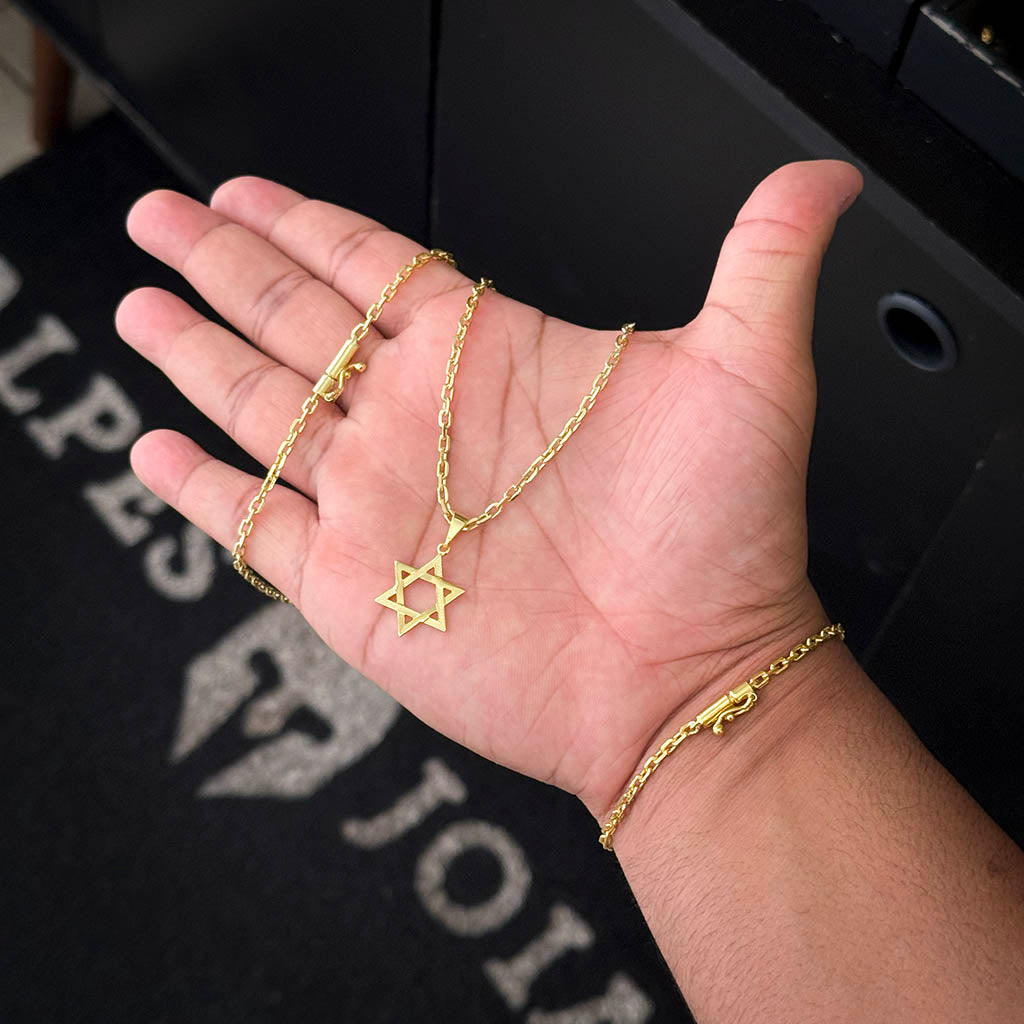 Kit Corrente e Pulseira Cadeado 2mm e Pingente Estrela de Davi Banhado a Ouro 18K