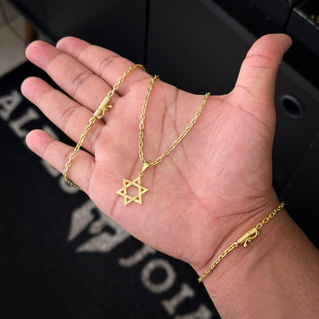 Kit Corrente e Pulseira Cadeado 2mm e Pingente Estrela de Davi Banhado a Ouro 18K