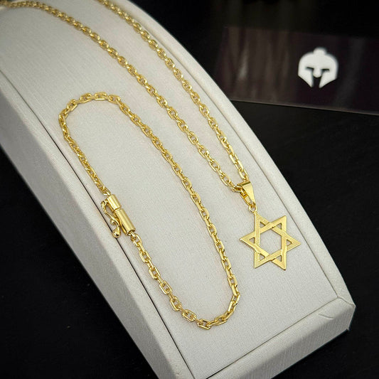 Kit Corrente e Pulseira Cadeado 2mm e Pingente Estrela de Davi Banhado a Ouro 18K