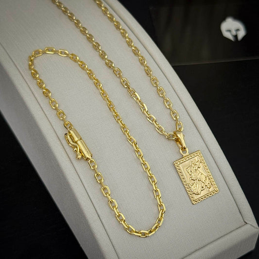 Kit Corrente e Pulseira Cadeado 2mm e Pingente Placa São Jorge Banhado a Ouro 18K