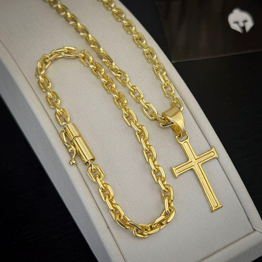 Kit Corrente e Pulseira Cadeado 5mm e Pingente Cruz Banhado a Ouro 18K