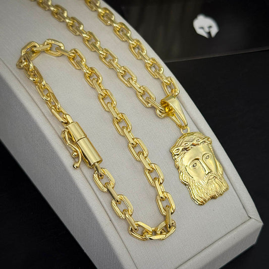 Kit Corrente e Pulseira Cadeado 6mm e Pingente Face de Jesus Banhado a Ouro 18K