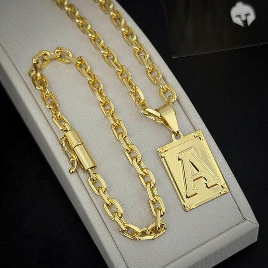 Kit Corrente e Pulseira Cadeado 6mm e Pingente Letra Banhado a Ouro 18K