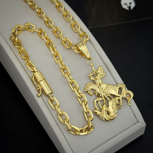 Kit Corrente e Pulseira Cadeado 6mm e Pingente São Jorge Banhado a Ouro 18K