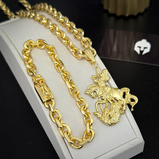 Kit Corrente e Pulseira Cadeado 8mm e Pingente São Jorge 3D Banhado a Ouro 18K