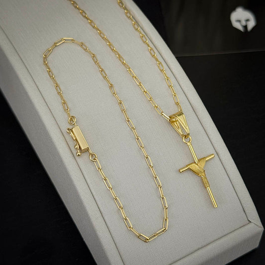Kit Corrente e Pulseira Cartier 2mm e Pingente Cruz Amarrada Banhado a Ouro 18K