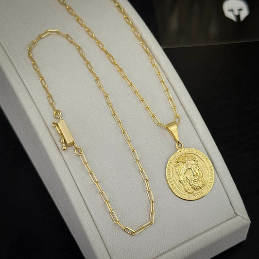 Kit Corrente e Pulseira Cartier 2mm e Pingente Face de Cristo Banhado a Ouro 18K