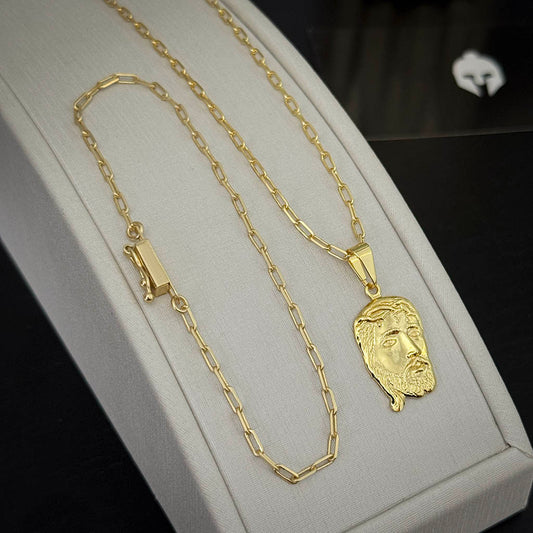 Kit Corrente e Pulseira Cartier 2mm e Pingente Rosto de Cristo Banhado a Ouro 18K