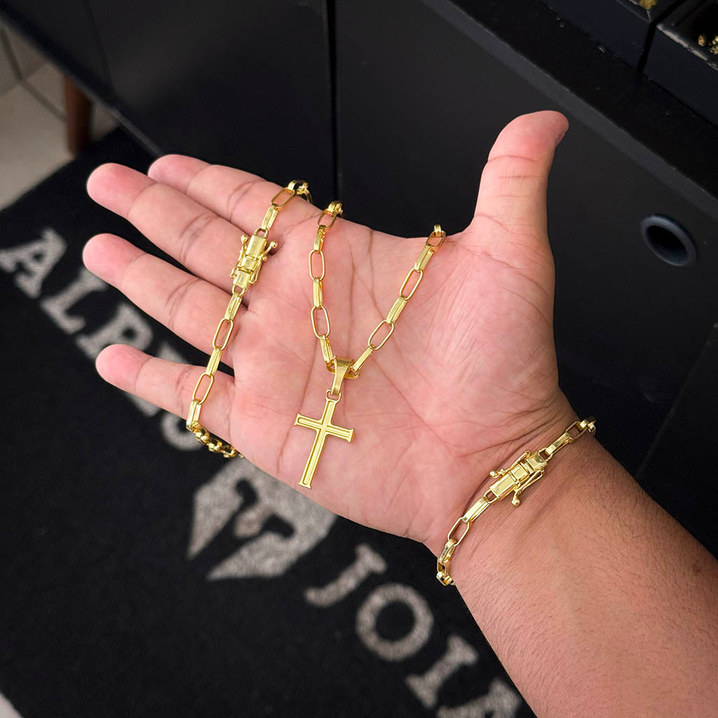 Kit Corrente e Pulseira Elo Alongado 5mm e Pingente Cruz Banhado a Ouro 18K