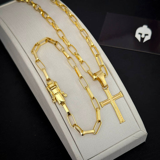 Kit Corrente e Pulseira Elo Alongado 5mm e Pingente Cruz Banhado a Ouro 18K