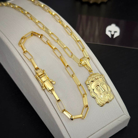 Kit Corrente e Pulseira Elo Alongado 5mm e Pingente Face de Jesus Banhado a Ouro 18K