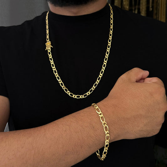 Kit Corrente e Pulseira Fígaro 1x1 5mm Banhado a Ouro 18K