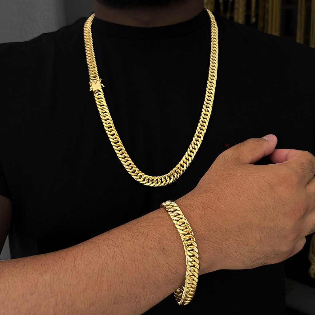 Kit Corrente e Pulseira Maciça 10mm Banhado a Ouro 18K