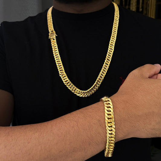 Kit Corrente e Pulseira Maciça 13mm Banhado a Ouro 18K