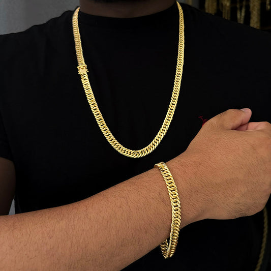 Kit Corrente e Pulseira Maciça 8mm Banhado a Ouro 18K