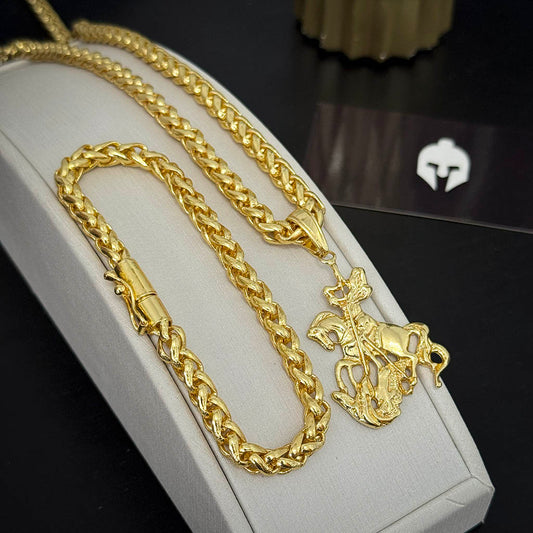 Kit Corrente e Pulseira Peruana 7mm e Pingente São Jorge 3D Banhado a Ouro 18K