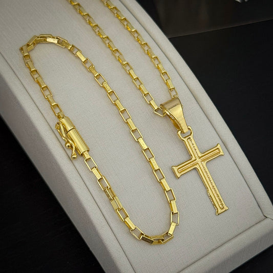 Kit Corrente e Pulseira Tijolinho 4mm e Pingente Cruz Banhado a Ouro 18K