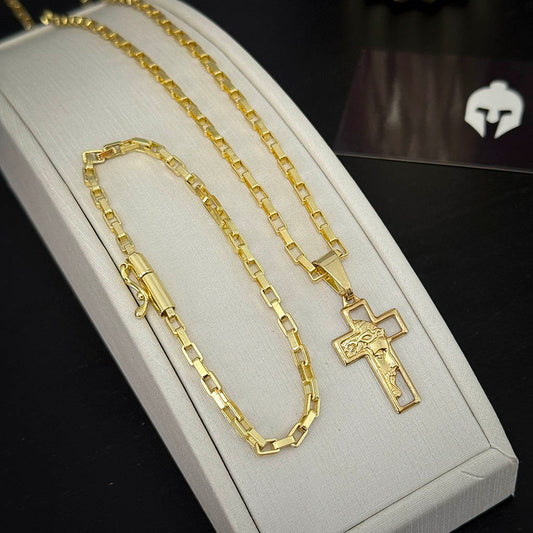 Kit Corrente e Pulseira Tijolinho 4mm e Pingente Cruz Rosto Banhado a Ouro 18K