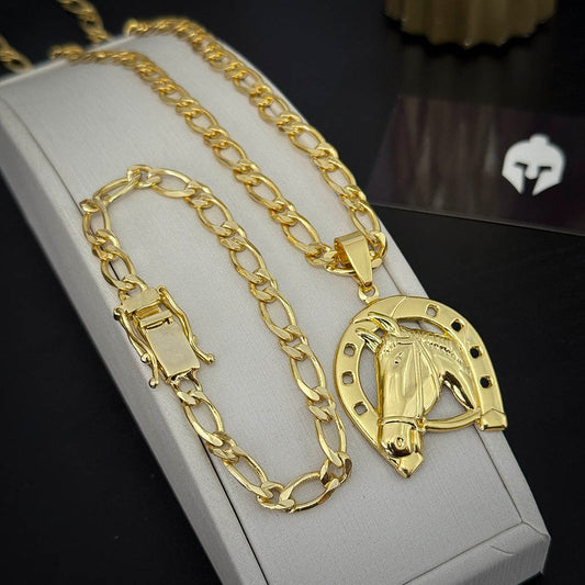 Kit Corrente e Pulseira 1x1 5mm e Pingente Cavalo Ferradura Banhado a Ouro 18K