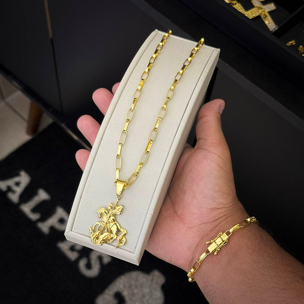 Kit Corrente e Pulseira Elo Alongado 5mm e Pingente São Jorge Banhado a Ouro 18K