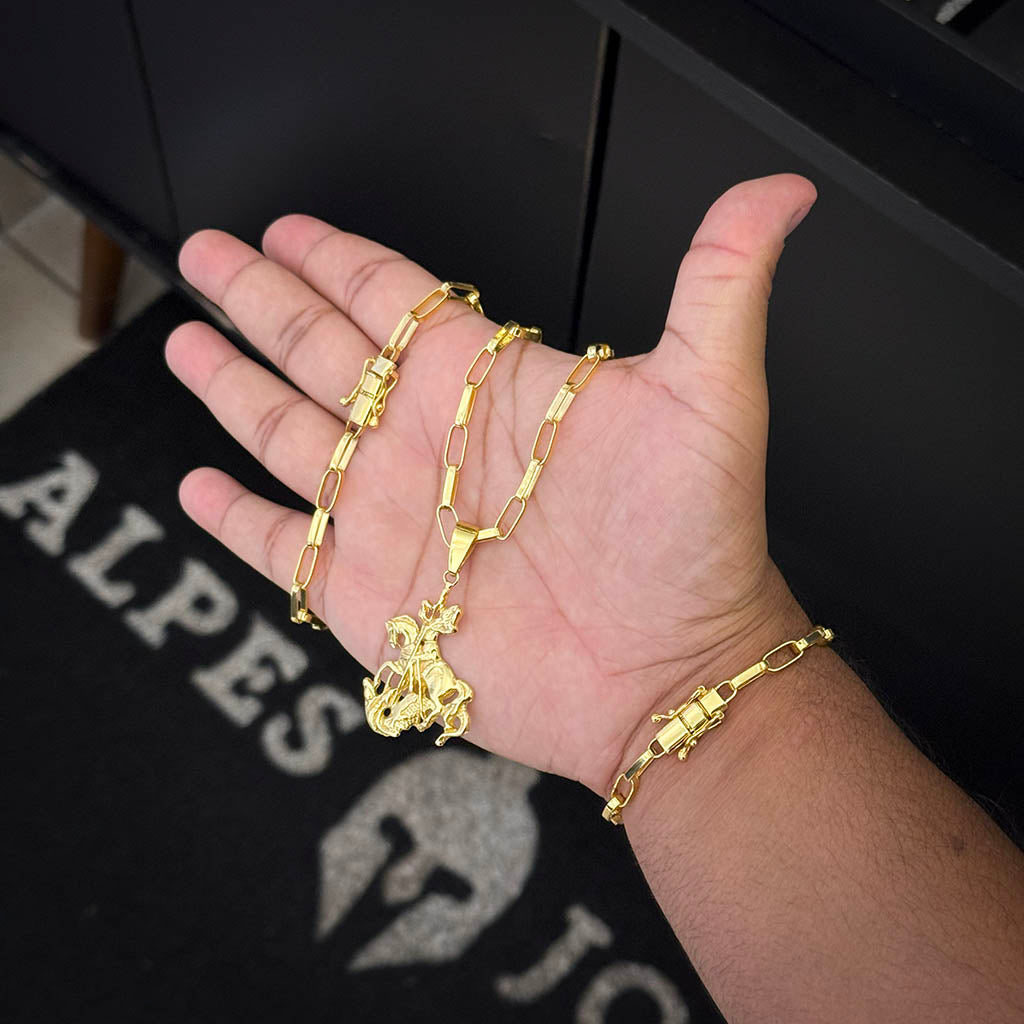 Kit Corrente e Pulseira Elo Alongado 5mm e Pingente São Jorge Banhado a Ouro 18K