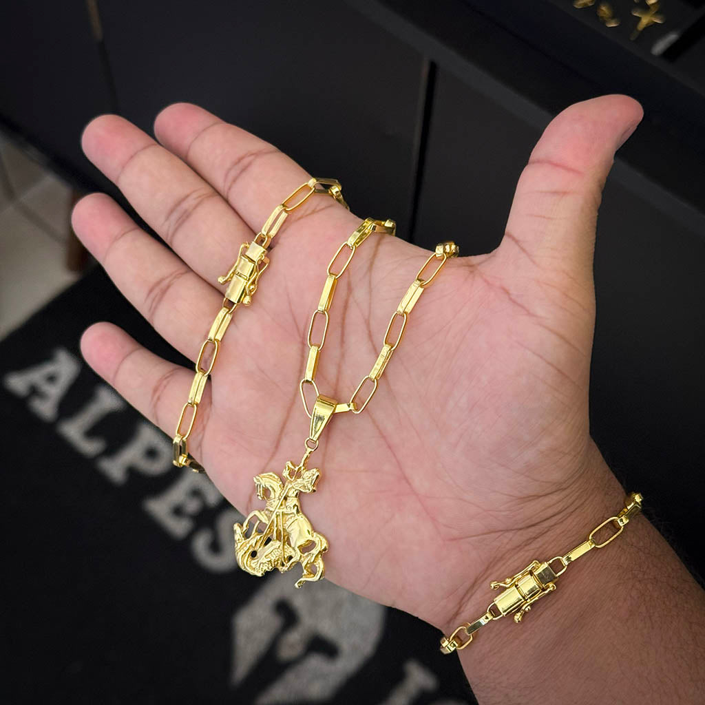 Kit Corrente e Pulseira Elo Alongado 5mm e Pingente São Jorge Banhado a Ouro 18K