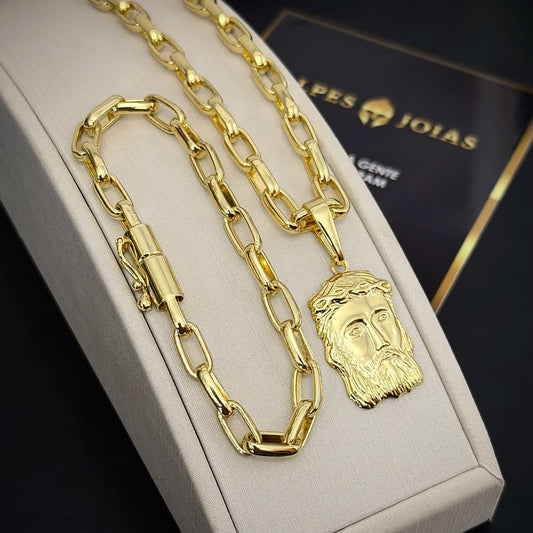 Kit Corrente e Pulseira Meia Cana 6mm e Pingente Face de Jesus Banhado a Ouro 18K