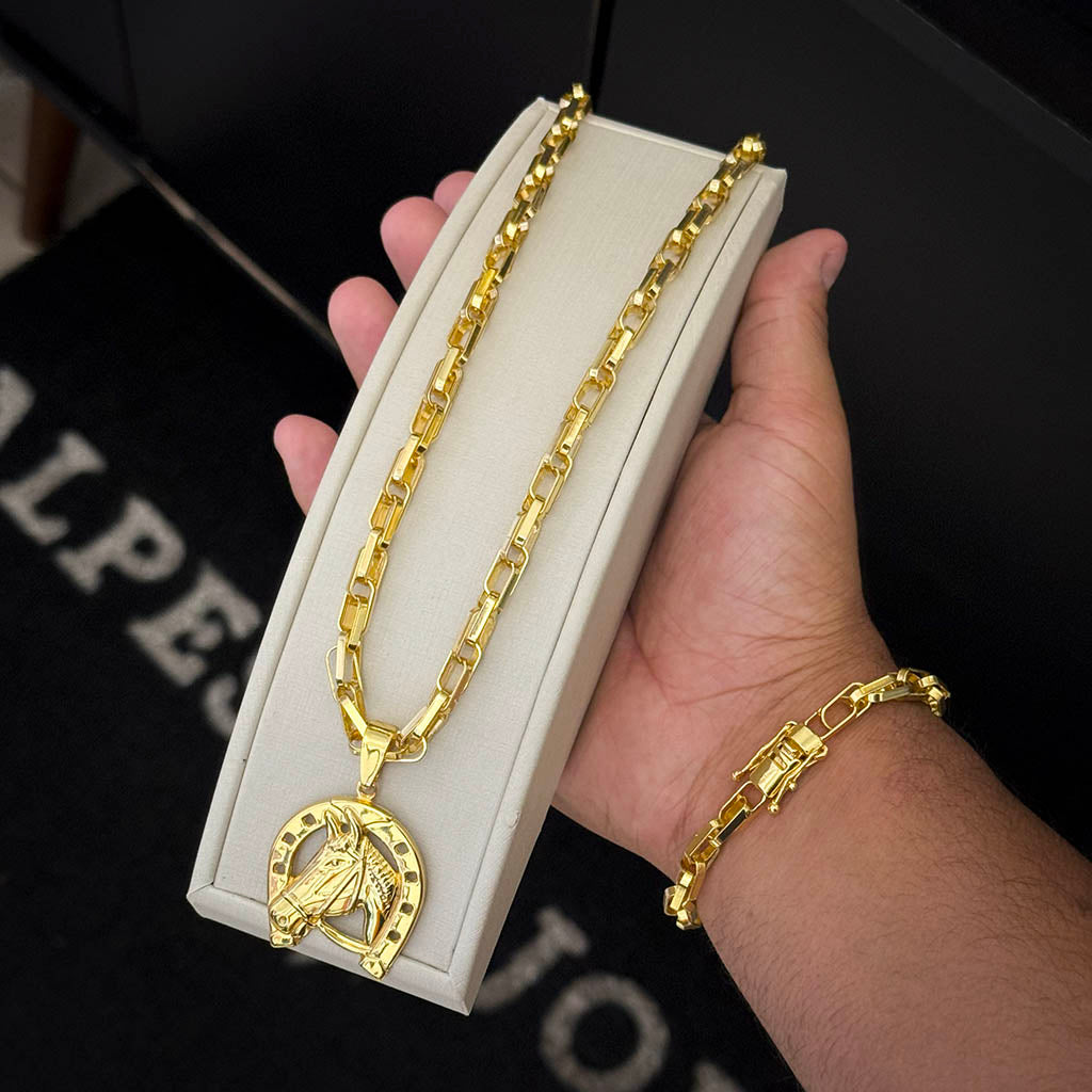 Kit Corrente e Pulseira Meia Cana Dupla 6mm e Pingente Cavalo Banhado a Ouro 18K
