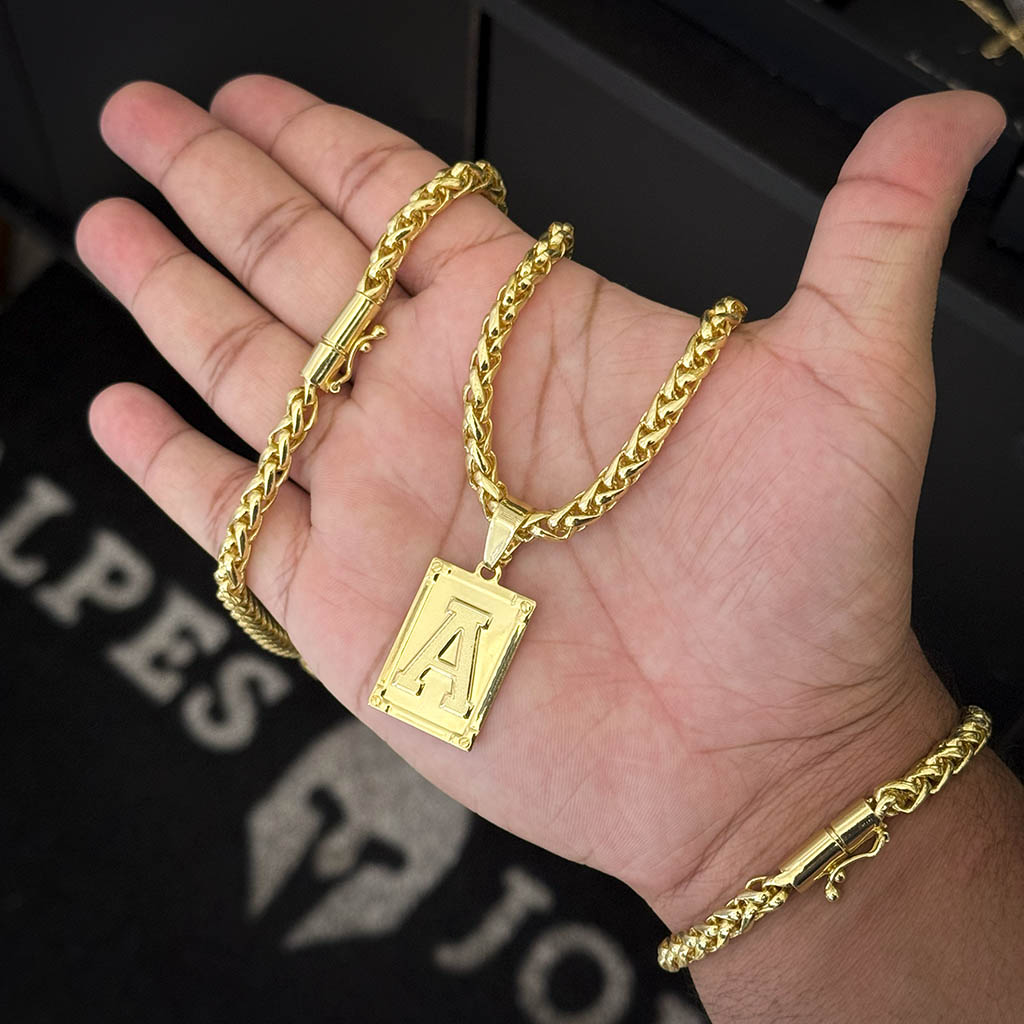 Kit Corrente e Pulseira Peruana 7mm e Pingente Letra Banhado a Ouro 18K
