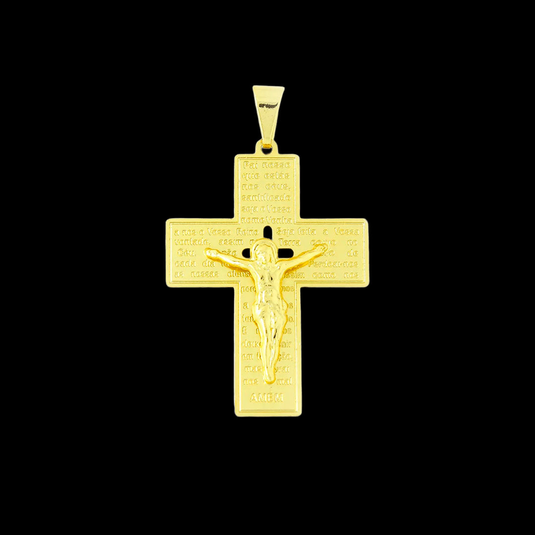 Pingente Pingente Crucifixo com Cristo e Oração Banhado a Ouro 18K