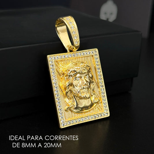 Pingente Placa Jesus 3D Banhado a Ouro 18K