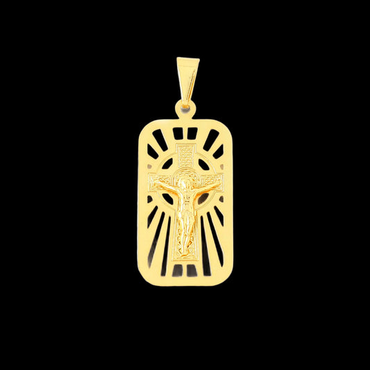 Pingente Placa Vazada com Crucifixo Banhado a Ouro 18K