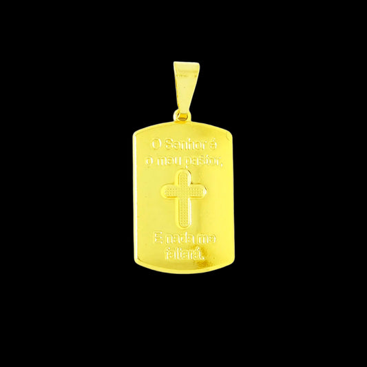 Pingente Medalha Cruz O Senhor é Meu Pastor Banhado a Ouro 18K