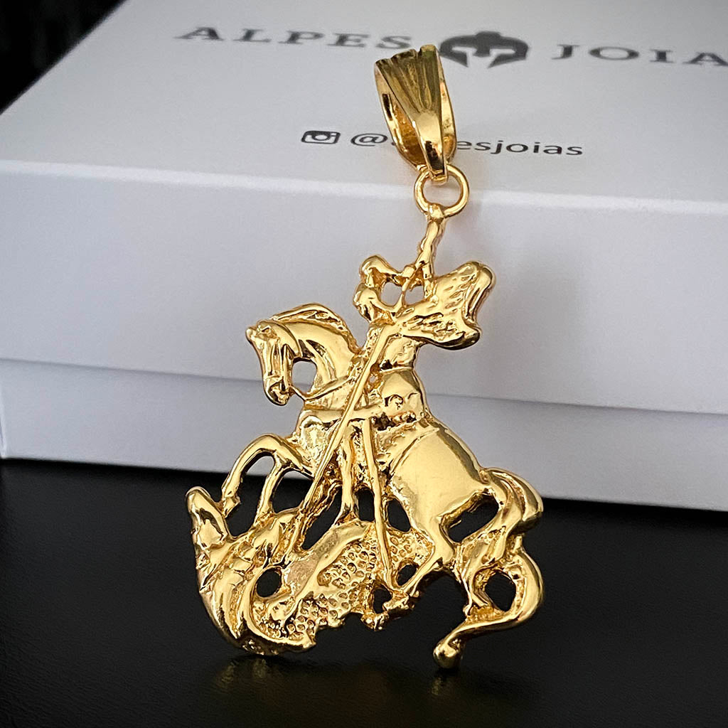 Pingente São Jorge e o Dragão 3D Banhado a Ouro 18K