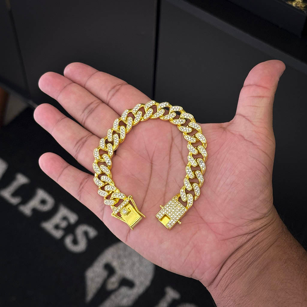 Pulseira Pitbull Cravejada 10mm Banhado a Ouro 18K