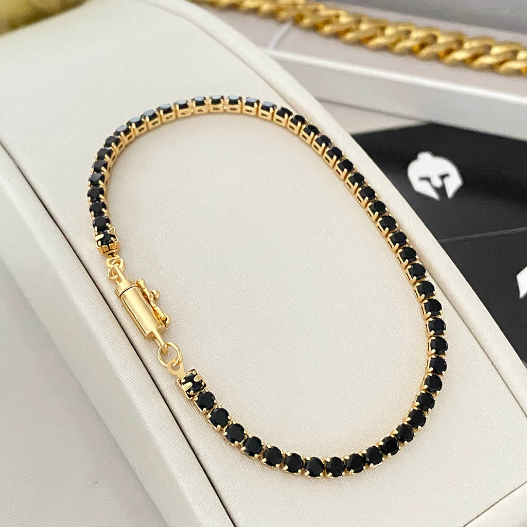 Pulseira Riviera Preta 3mm Banhada a Ouro 18K