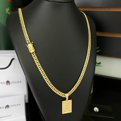 Kit Corrente e Pulseira Grumet 7mm e Pingente Letra Banhado a Ouro 18K