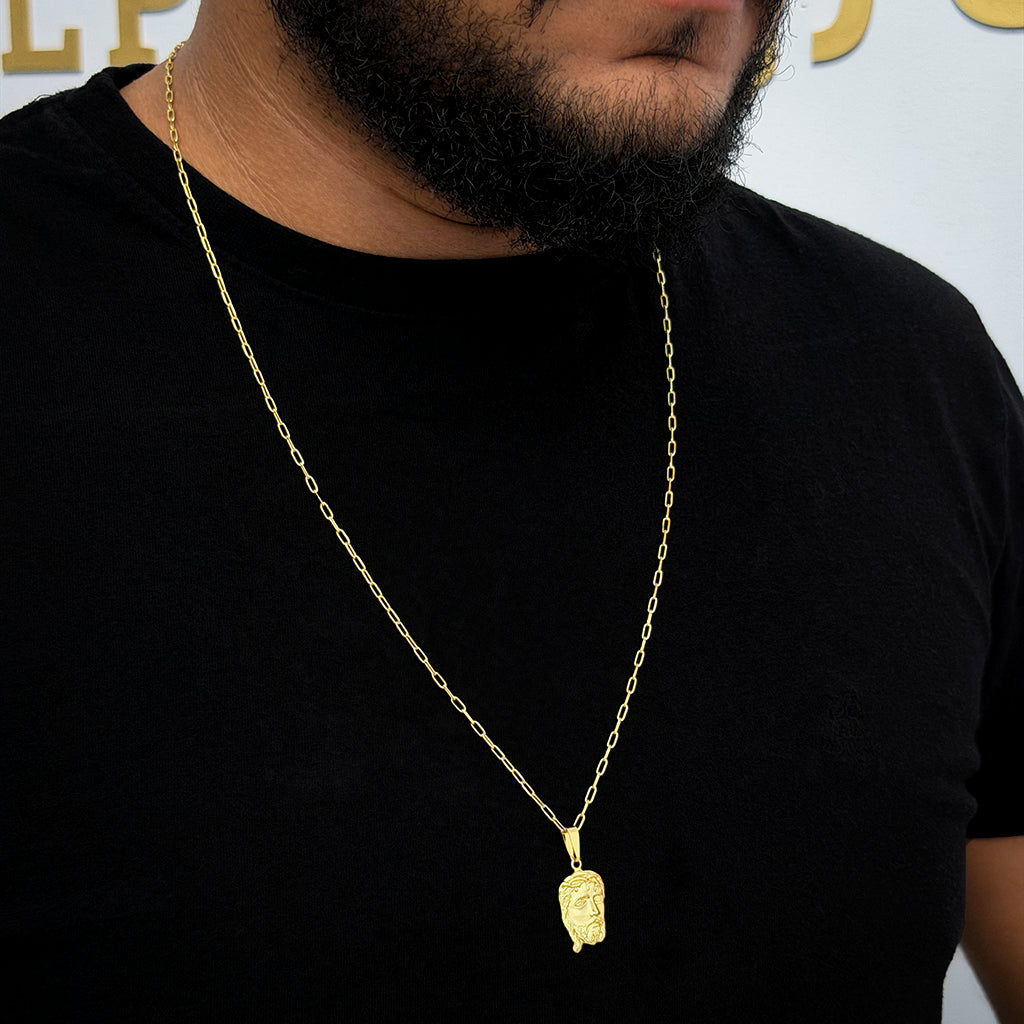 Corrente Cartie 2mm e Pingente Face de Cristo Banhado a Ouro 18K