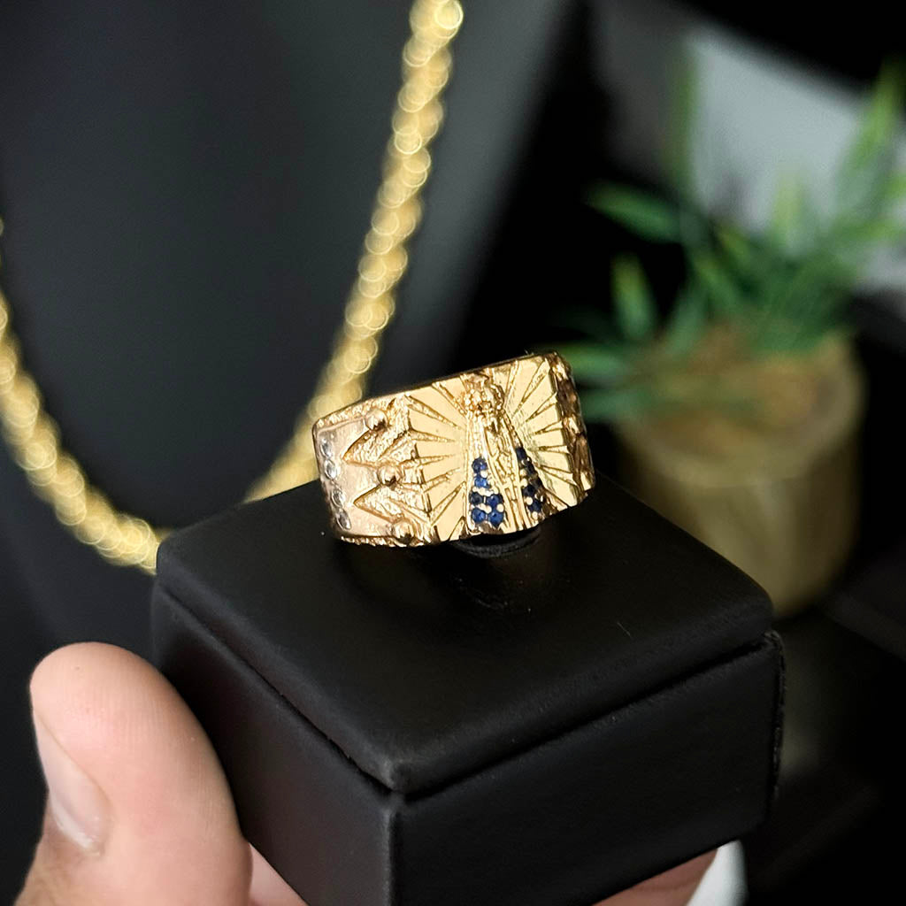 Anel Nossa Senhora Quadrado Banhado a Ouro 18K