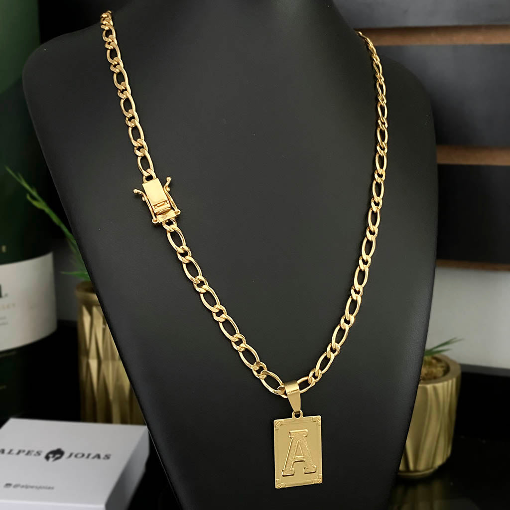 Corrente 1x1 5mm e Pingente Letra Banhado a Ouro 18K