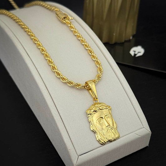 Corrente Baiana 5mm e Pingente Rosto de Cristo Banhado a Ouro 18K
