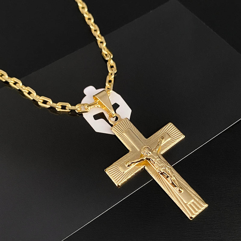 Corrente Cadeado 2mm e Pingente Crucifixo 3D Banhado a Ouro 18K